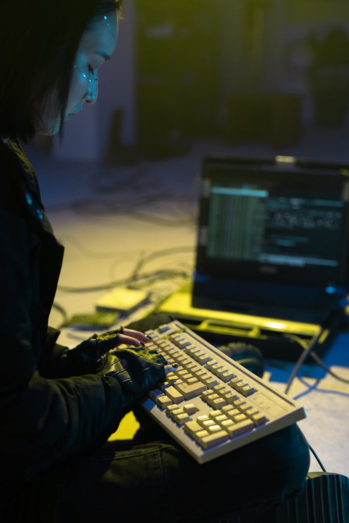 Asian woman typing on a keyboard in a dimly lit indoor setting with a laptop displaying code.